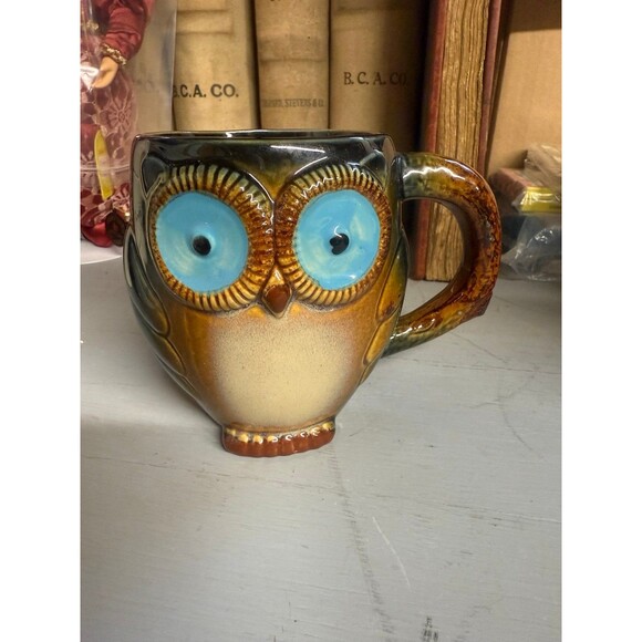 Gibson Home Owl Mug Handcrafted Stoneware Coffee Cup, Retro Rustic Brown & Blue - Picture 2 of 7
